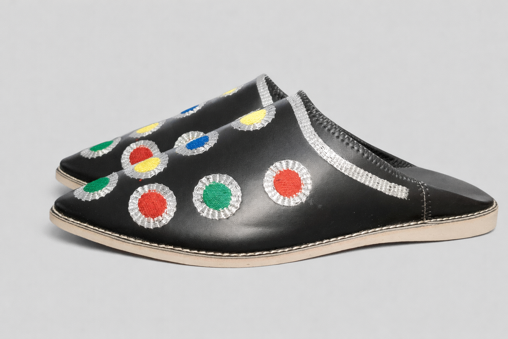 Moroccan Handmade Black Babouches – Colorful Embroidered Leather Slippers