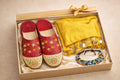 Traditional Moroccan Gift Set – Red Babouches, Yellow Shawl & Beaded Bracelet