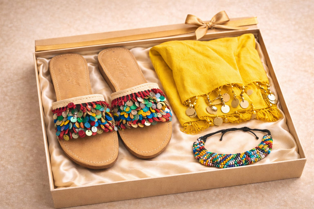Traditional Moroccan Gift Set – Red Babouches, Yellow Shawl & Beaded Bracelet