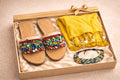 Traditional Moroccan Gift Set – Red Babouches, Yellow Shawl & Beaded Bracelet
