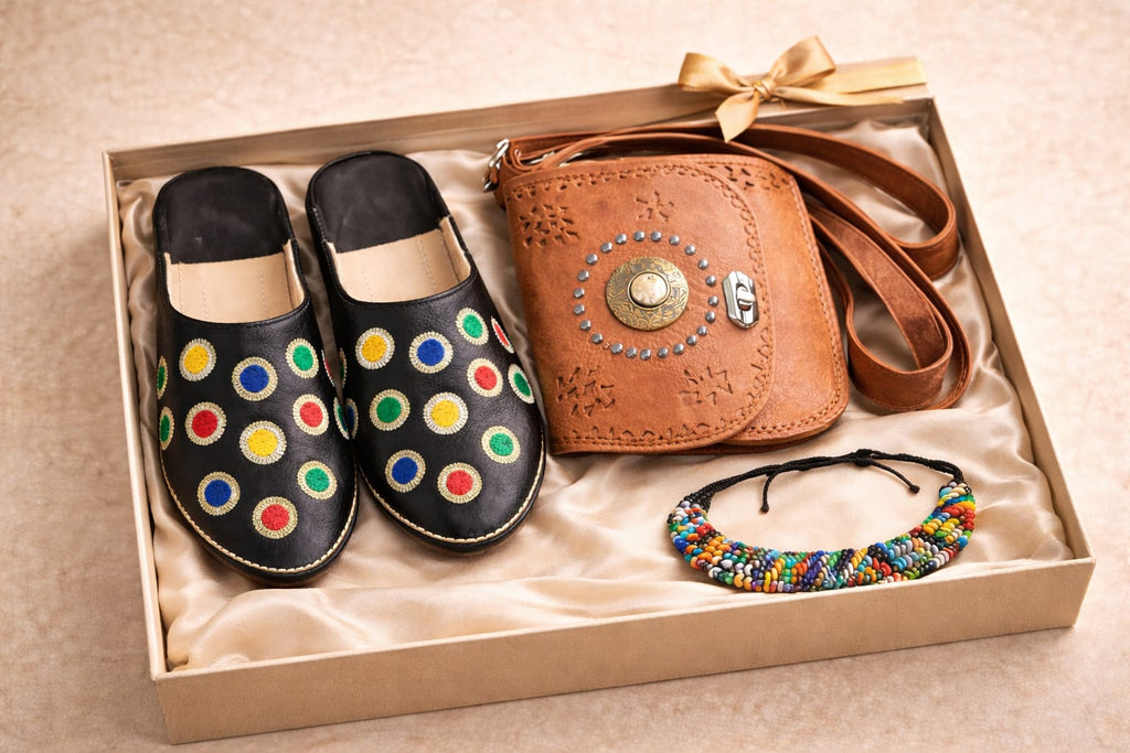 Moroccan Artisan Gift Set – Black Embroidered Babouches, Leather Bag & Beaded Bracelet